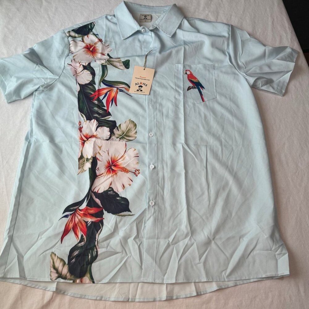 Men's Aloha Hawaiian Light Blue Short Sleeved Shirt XL NWT, Parrot, Hibiscus